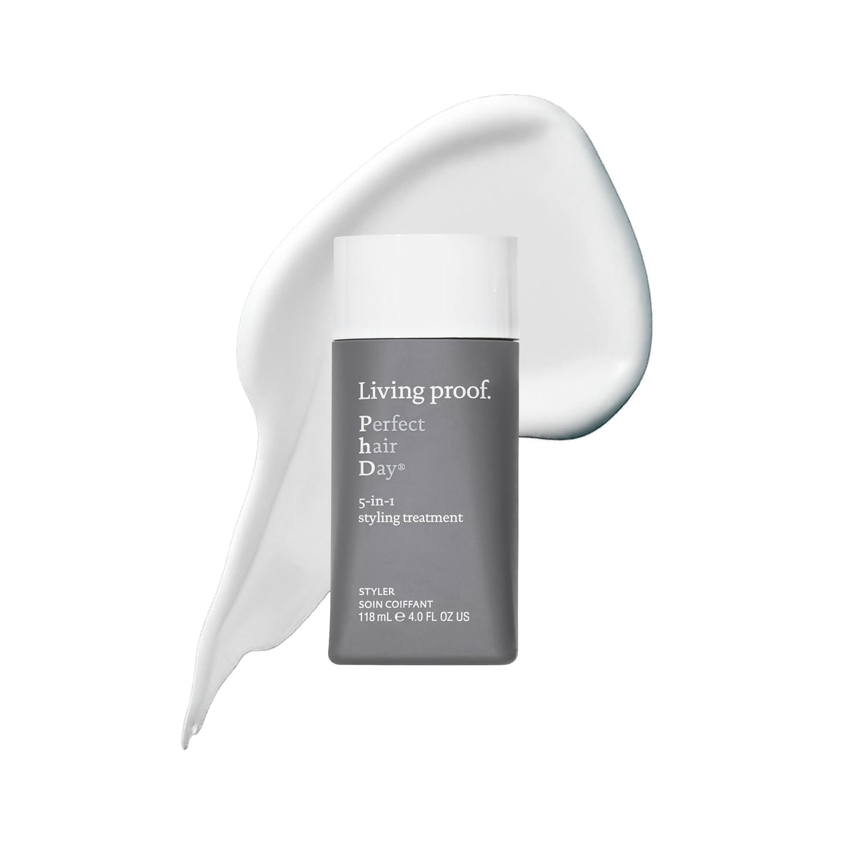 Living Proof Perfect Hair Day bottle demonstrates one-step styling for smoother, shinier hair.