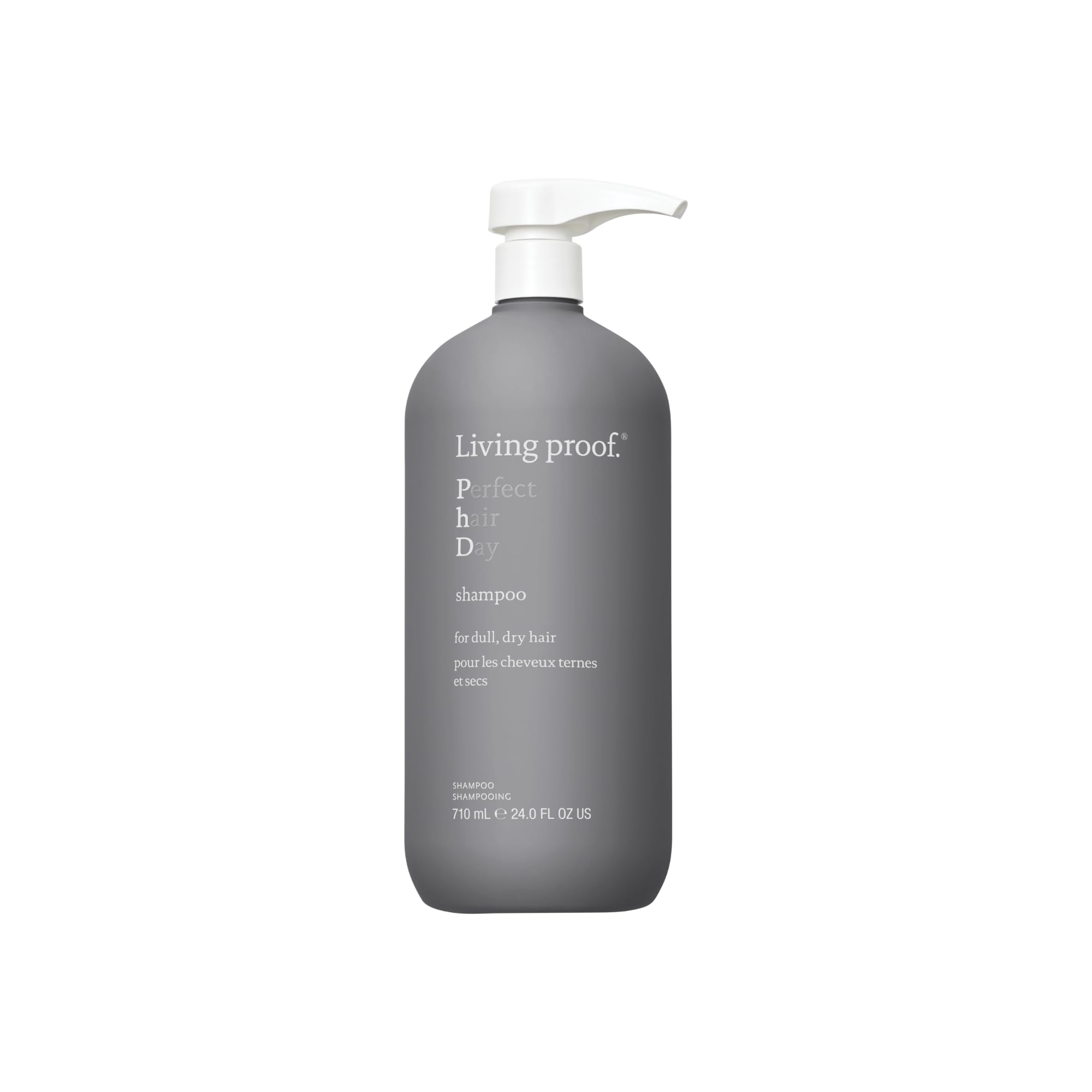 Living Proof Perfect Hair Day Shampoo bottle front shows a hydrating formula for shine.