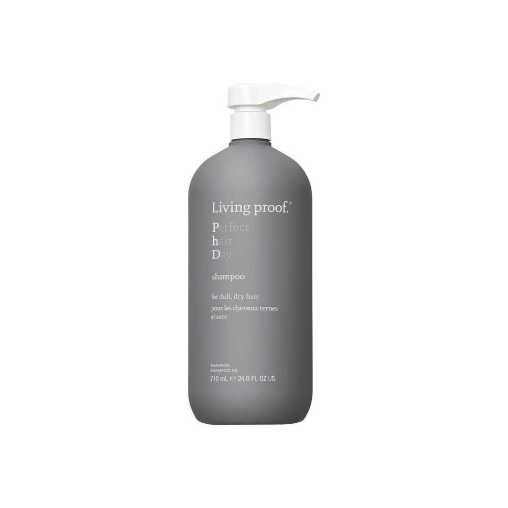 Living Proof Perfect Hair Day Shampoo bottle front shows a hydrating formula for shine.
