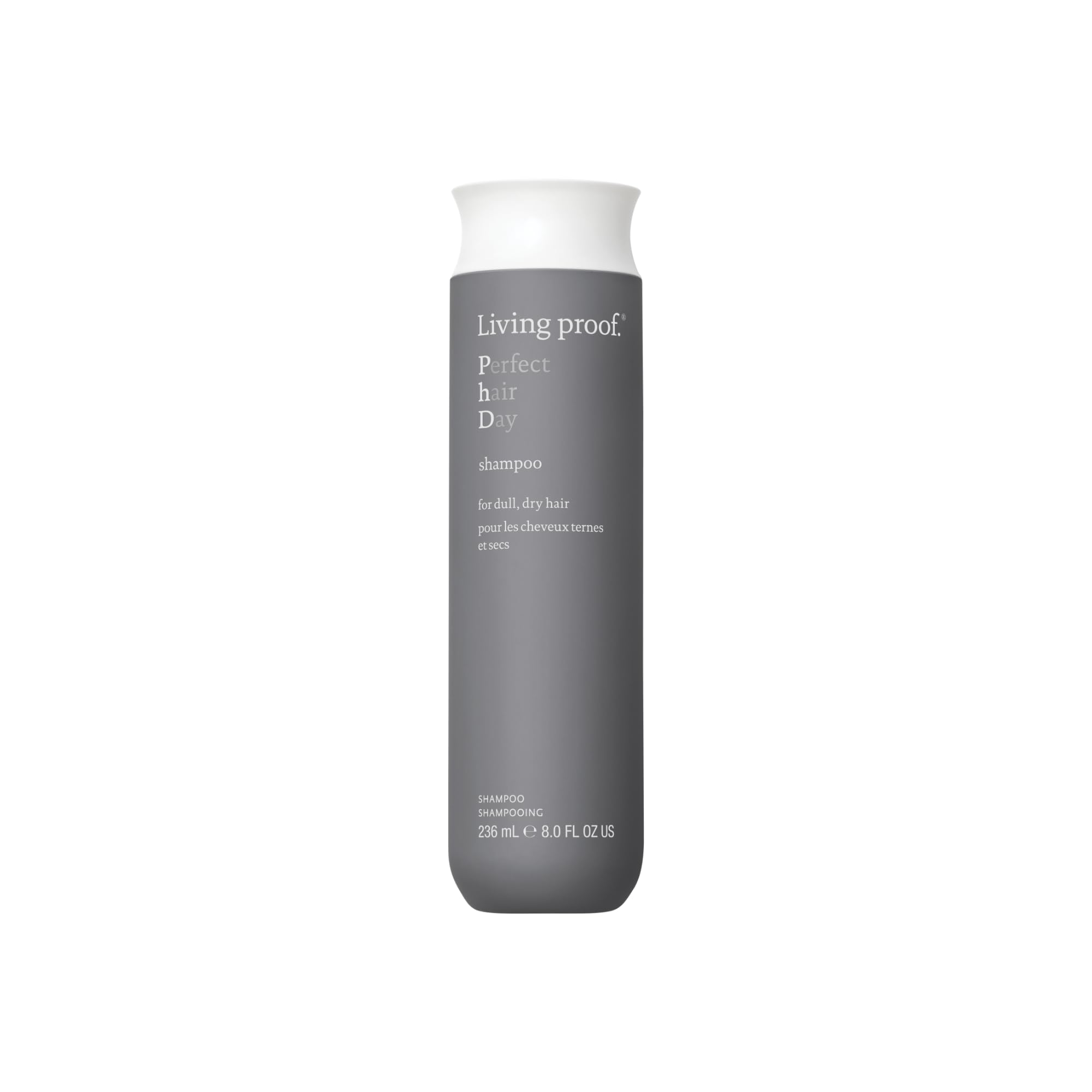 Living Proof Perfect Hair Day Shampoo bottle shows hydrating cleansing for radiant shine