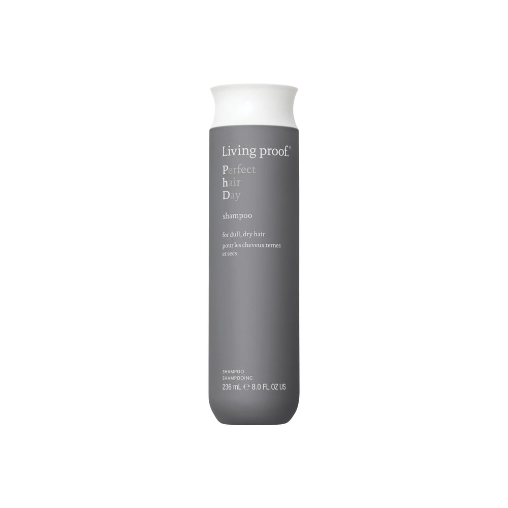 Living Proof Perfect Hair Day Shampoo bottle shows hydrating cleansing for radiant shine