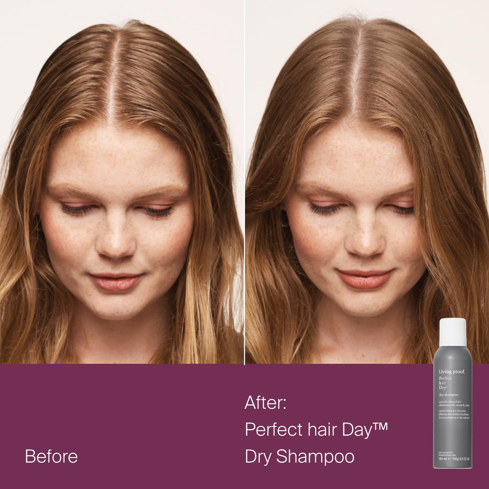 Living Proof Presenting Double the Clean Advanced Clean dry shampoo bottle closeup highlighting no-wash convenience