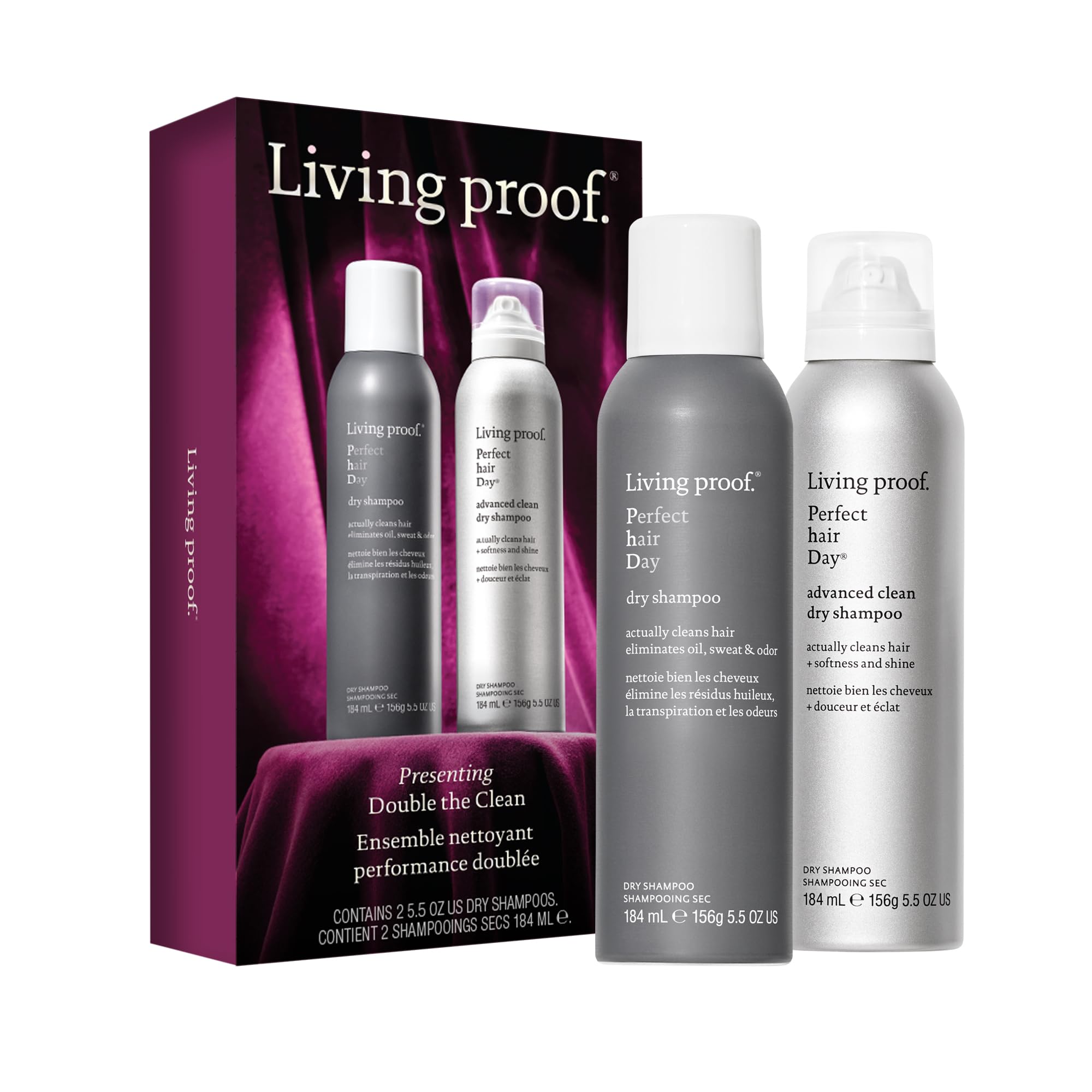 Living Proof Presenting Double the Clean original dry shampoo bottle closeup for oil control