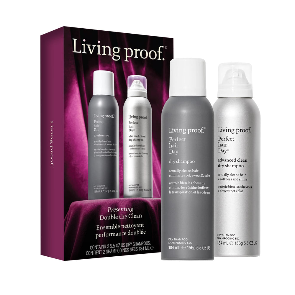 Living Proof Presenting Double the Clean original dry shampoo bottle closeup for oil control