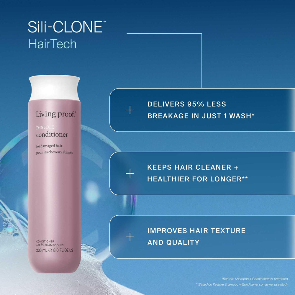 Living Proof Restore Conditioner pump bottle shows easy, controlled application.