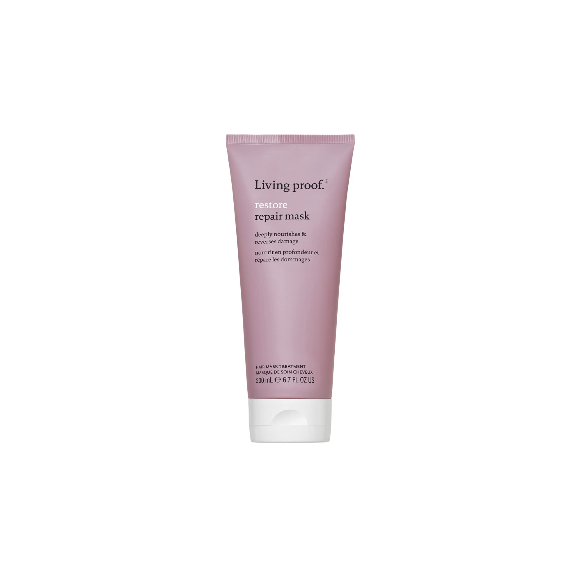 Living Proof Restore Repair Mask bottle shows creamy conditioner for breakage reduction.