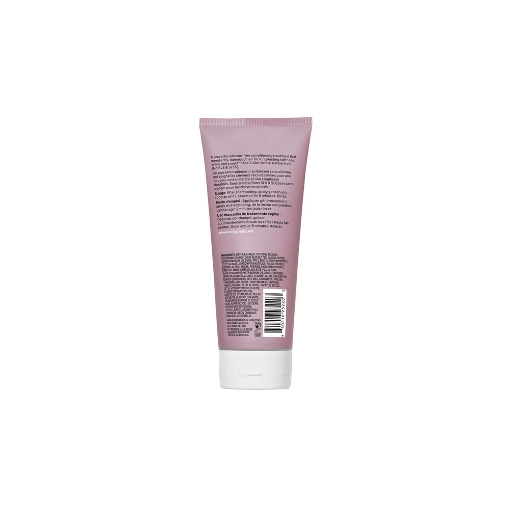 Living Proof Restore Repair Mask cream-texture close-up highlights conditioning for damaged hair.
