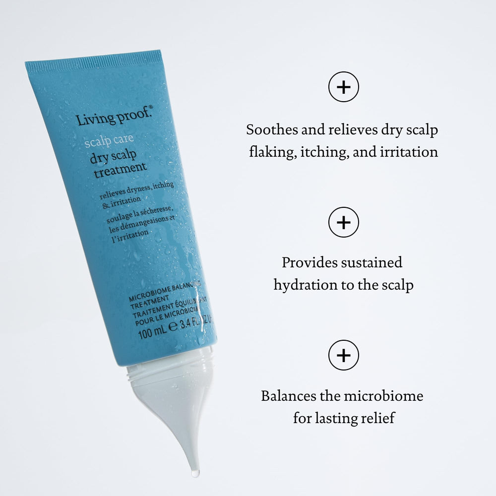 Living Proof scalp-care bottle close-up suggests easy leave-in use.