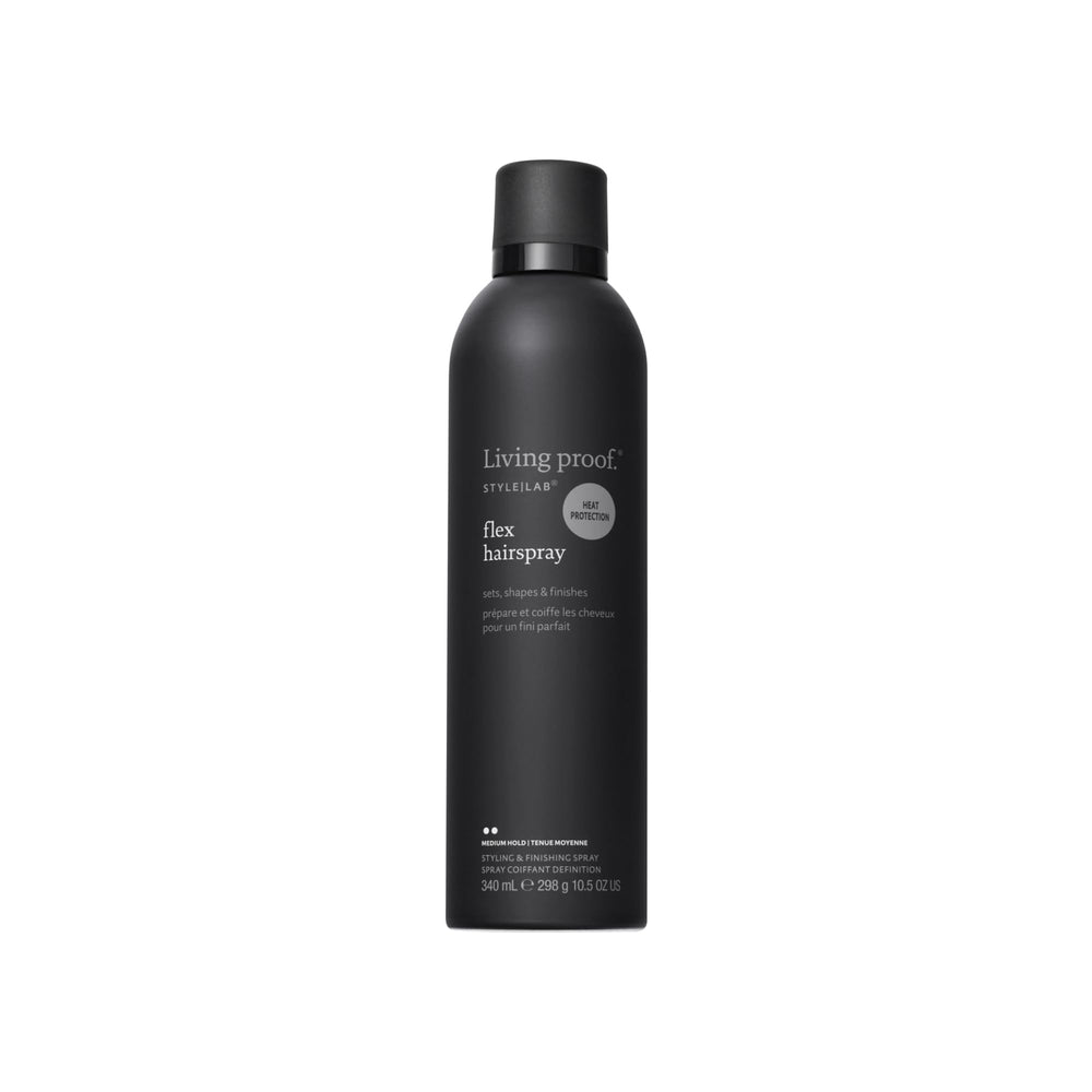 Living Proof Style Lab Flex Hairspray bottle closeup shows flexible hold for everyday styling