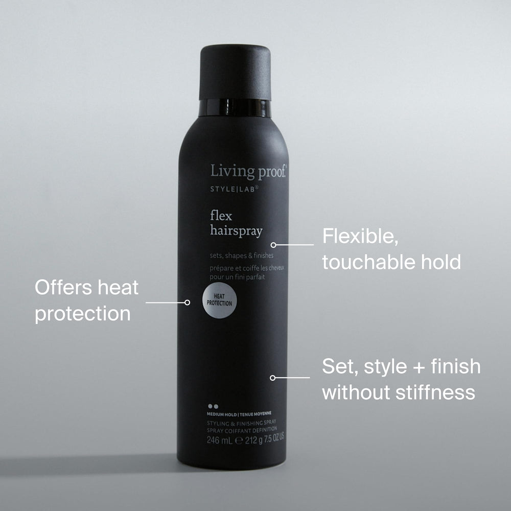 Living Proof Style Lab Flex Hairspray mist application highlights brushable finish for easy rework