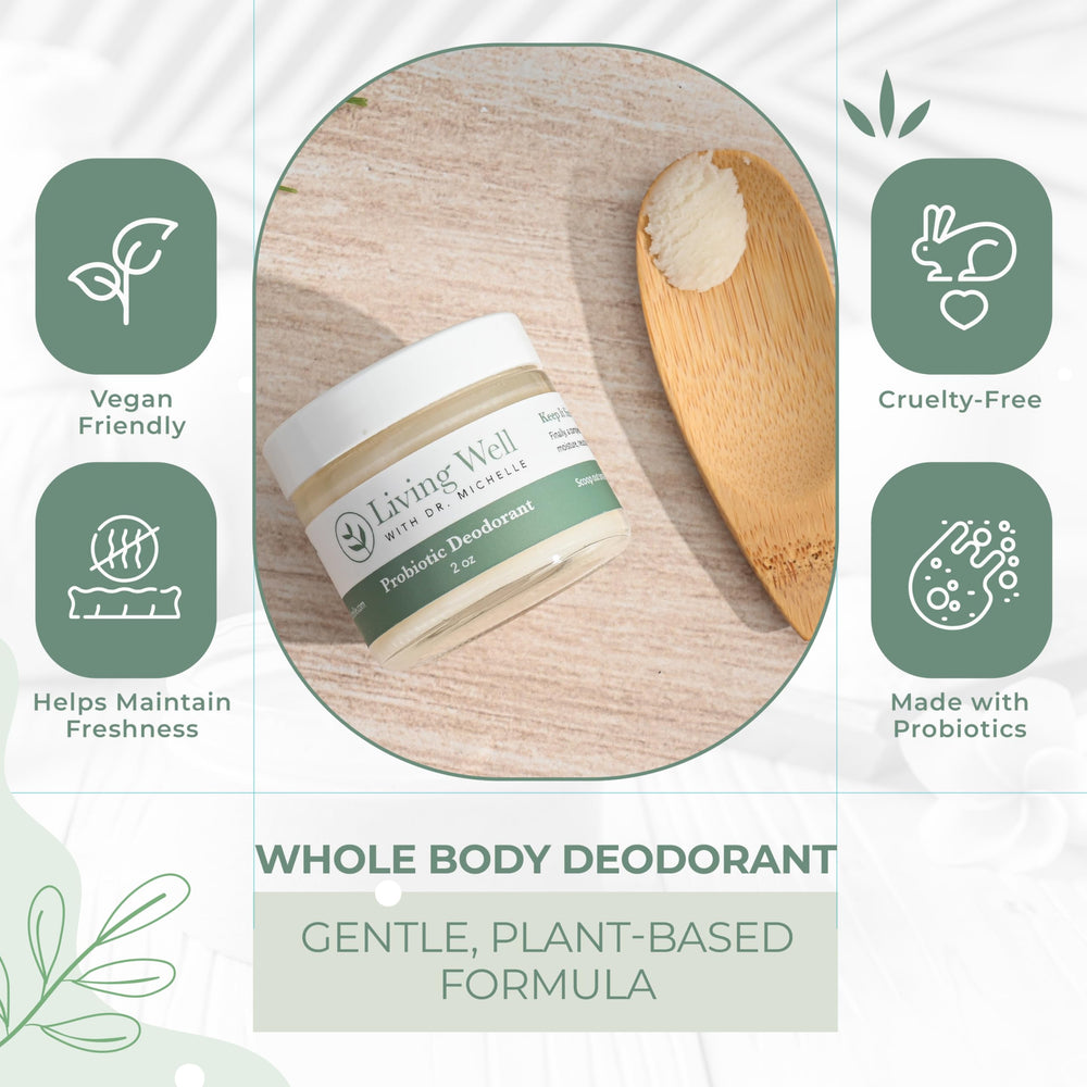 Living Well with Dr. Michelle probiotic deodorant cream natural-plant-based ingredients underlines safe daily use