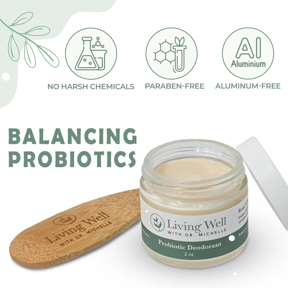 Living Well with Dr. Michelle probiotic deodorant cream no-aluminum label highlights clean, safe formulation