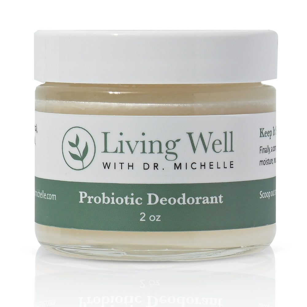 Living Well with Dr. Michelle probiotic deodorant cream unscented packaging highlights aluminum-free formula