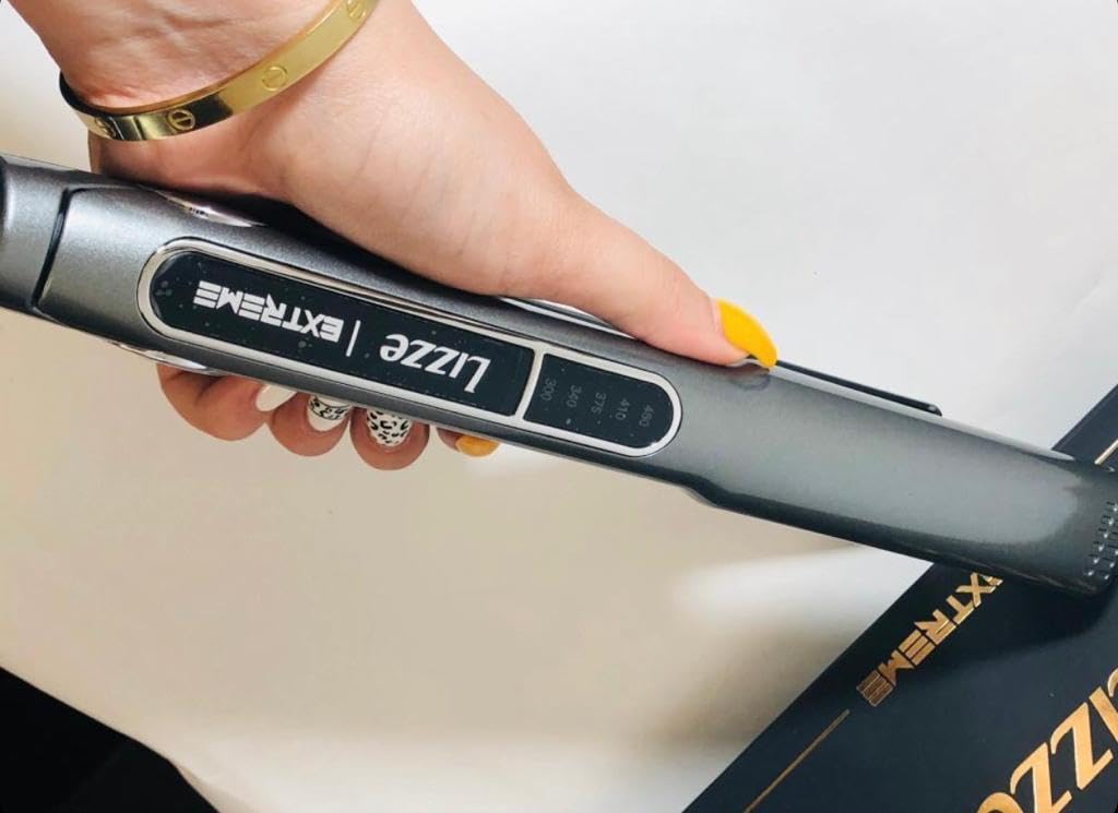 Lizze Extreme flatiron with LED display shows precise heat settings for easy styling.