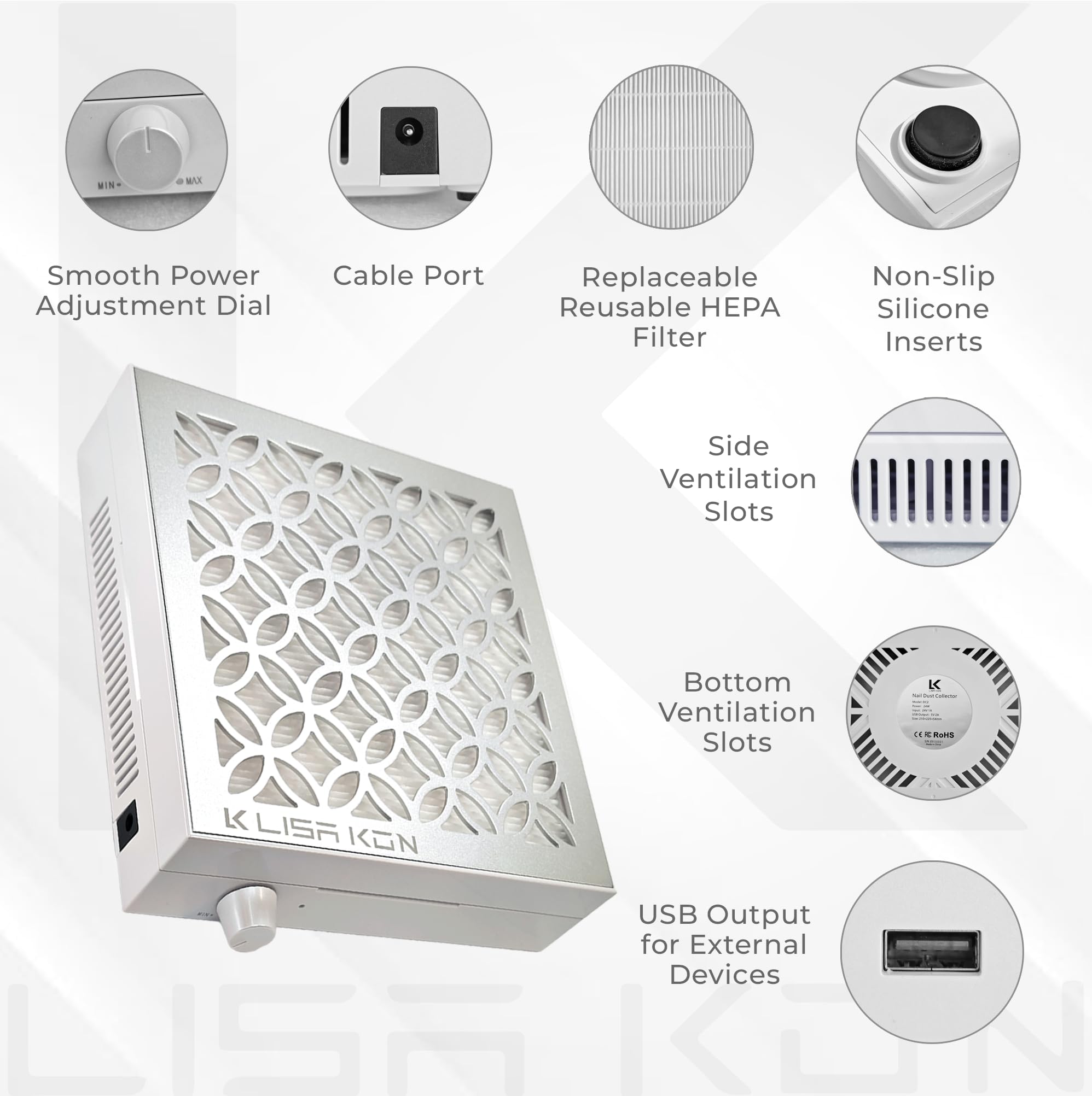 LK Lisa Kon nail dust collector side profile shows compact footprint ideal for small studios