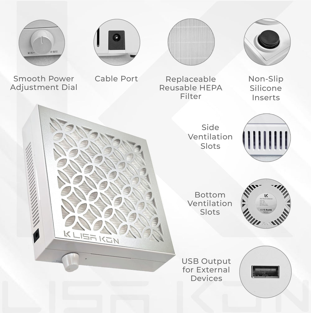LK Lisa Kon nail dust collector side profile shows compact footprint ideal for small studios
