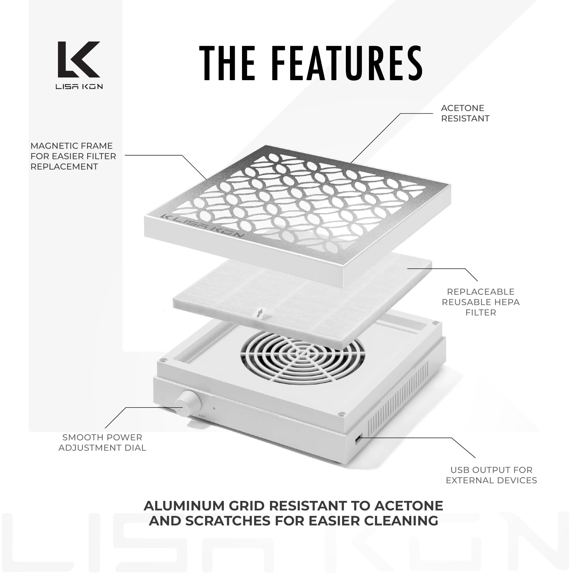 LK Lisa Kon nail dust collector top view highlights broad dust adsorption from all directions