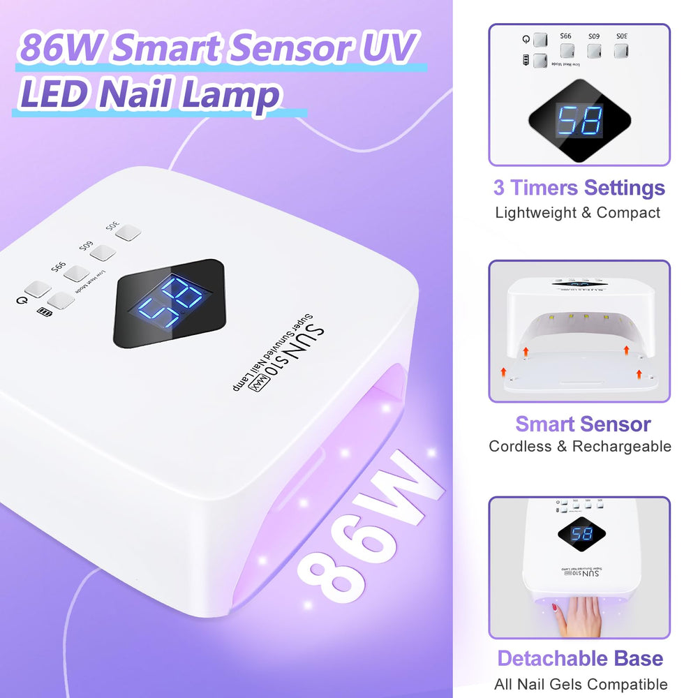LKE cordless nail lamp 86W detachable base enables flexible setup for fingernails and toenails.