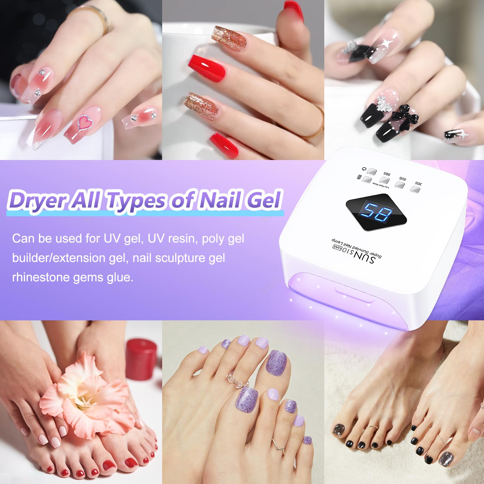 LKE cordless nail lamp 86W dual light source provides even curing for gel nails.