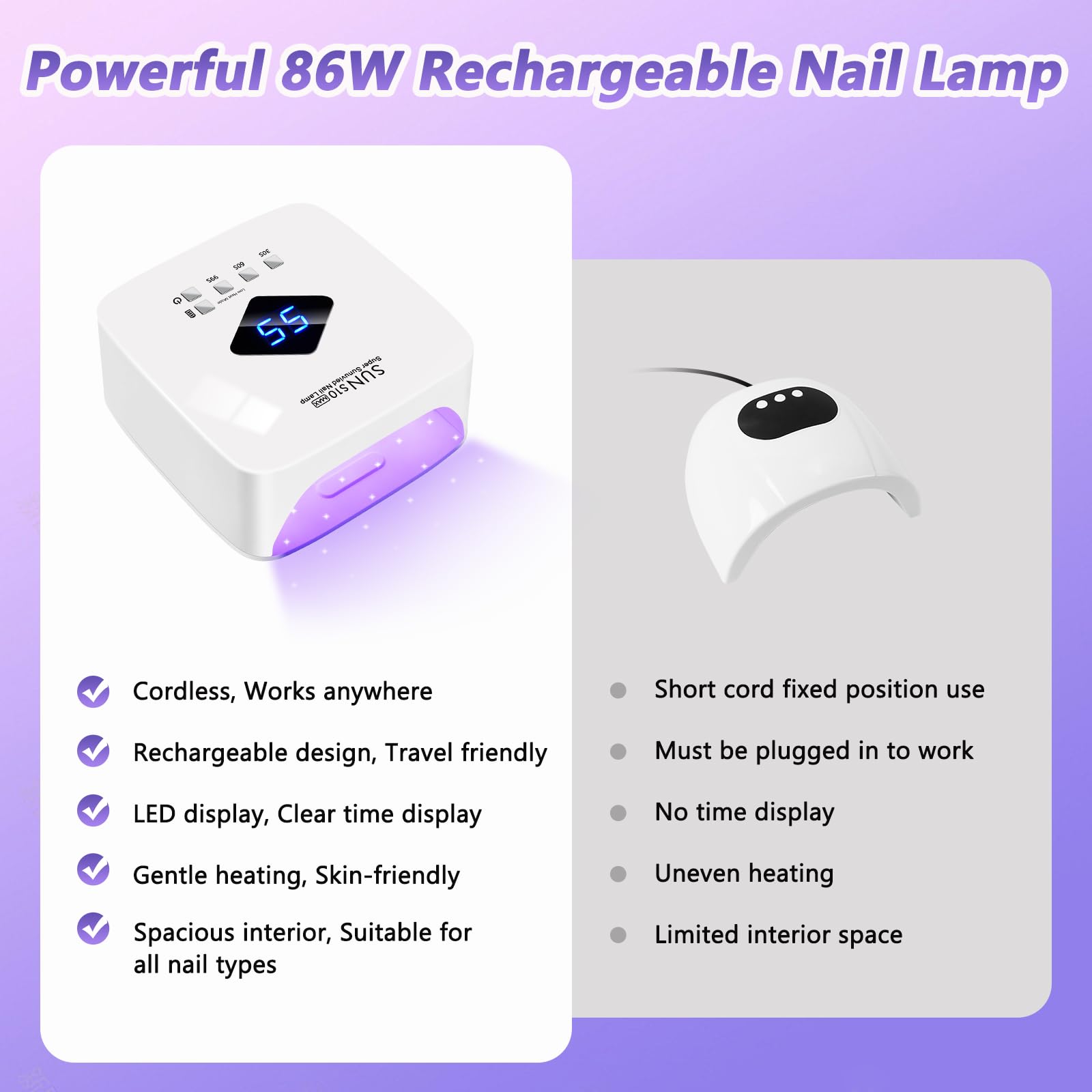 LKE cordless nail lamp 86W side view highlights slim profile for easy storage.