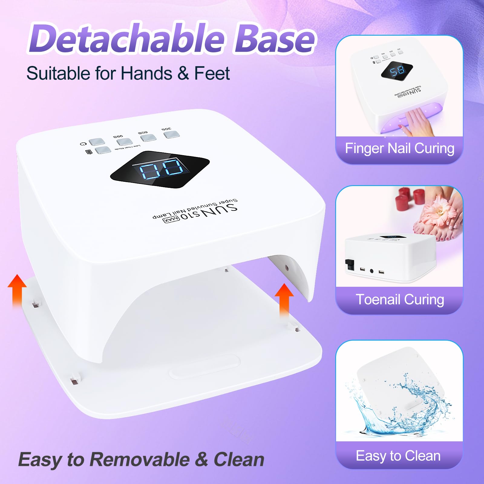 LKE cordless nail lamp 86W spacious nail tray accommodates fingernails and toenails with ease.