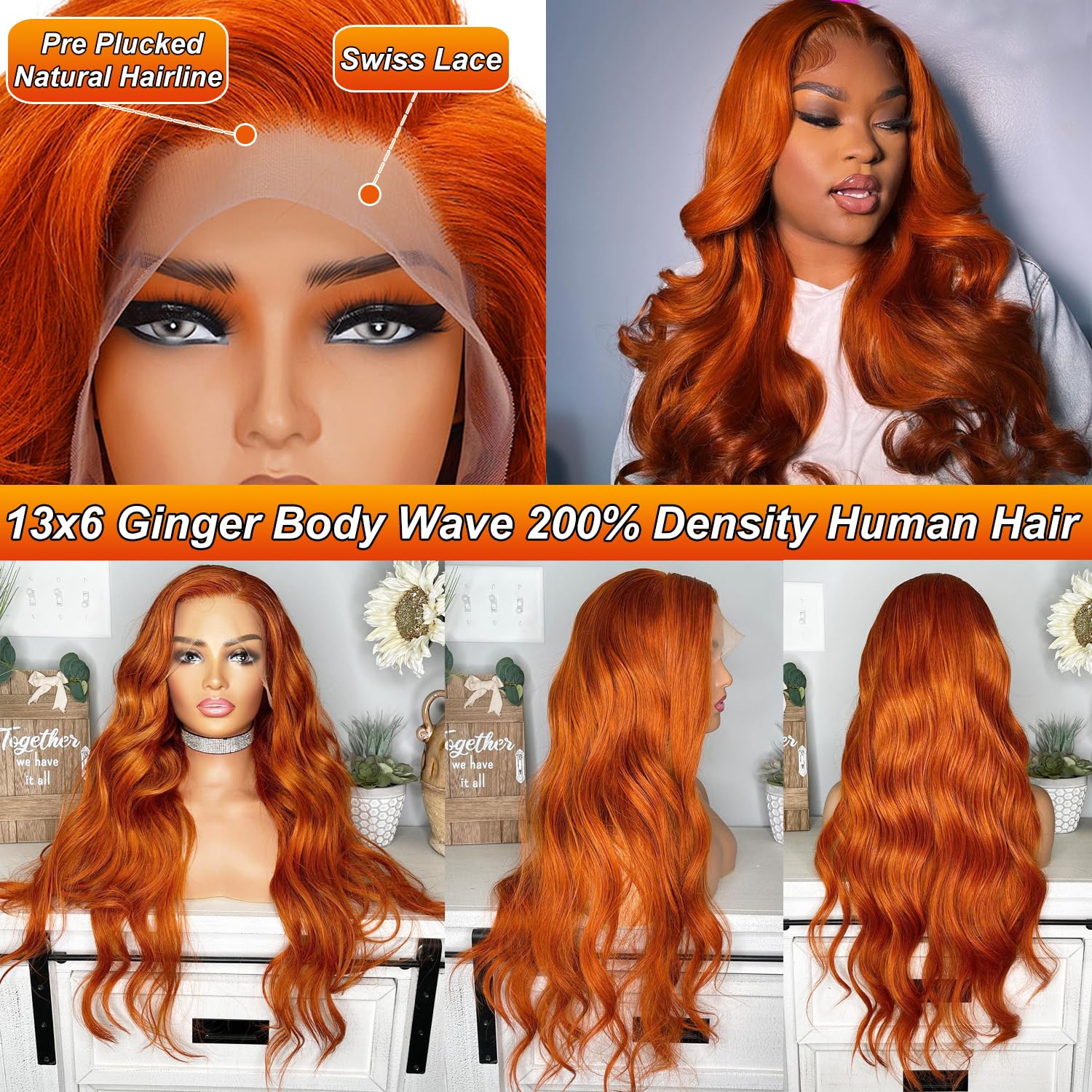 LKJY Ginger Orange Wig back view highlighting length and even wave pattern.