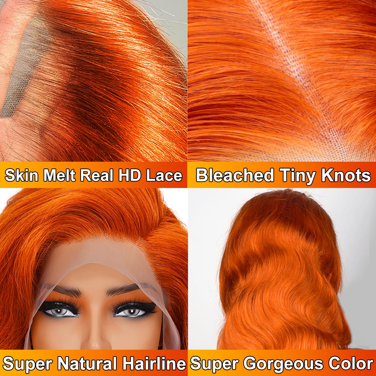 LKJY Ginger Orange Wig color-closeup showcasing ginger-orange shade and bold look.