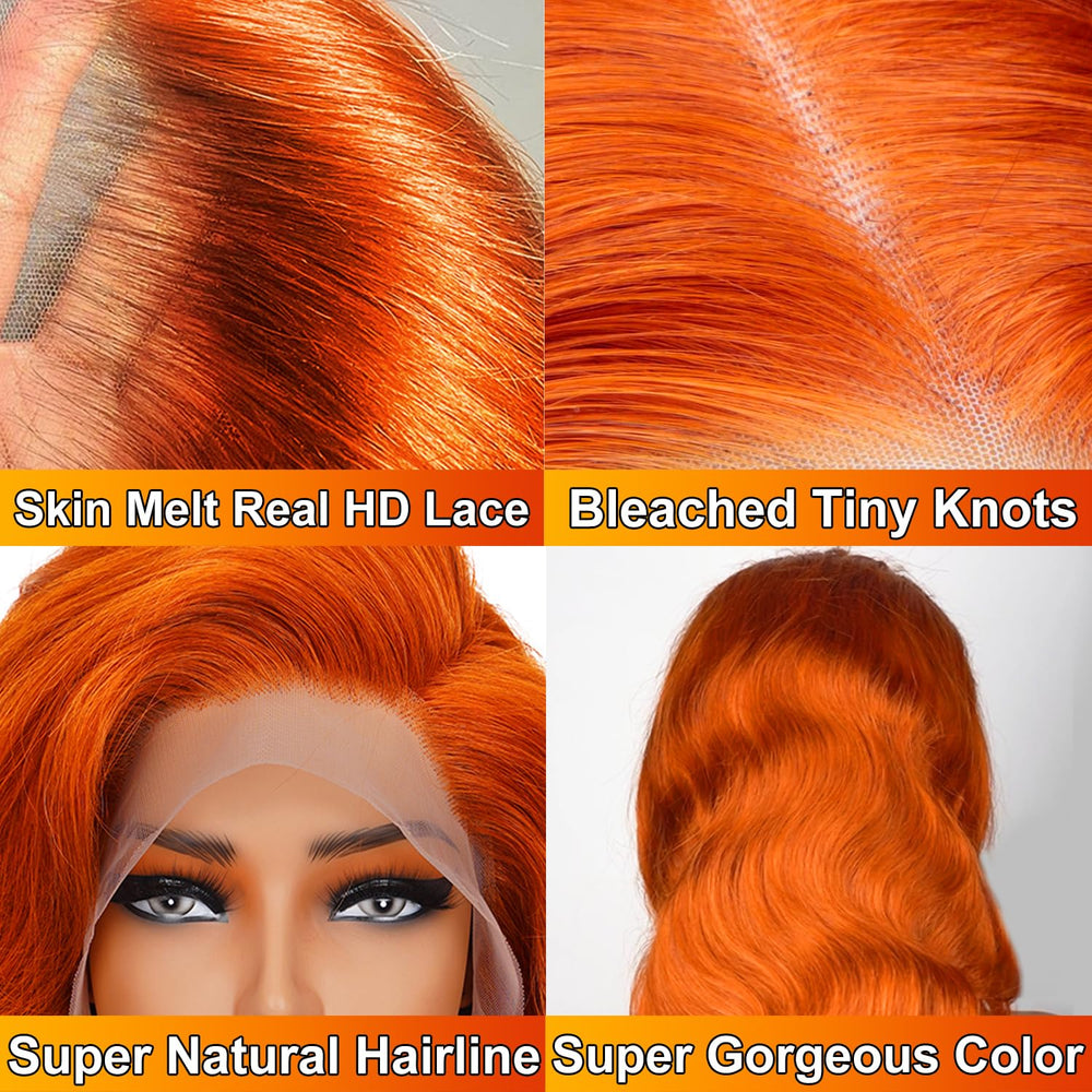 LKJY Ginger Orange Wig color-closeup showcasing ginger-orange shade and bold look.