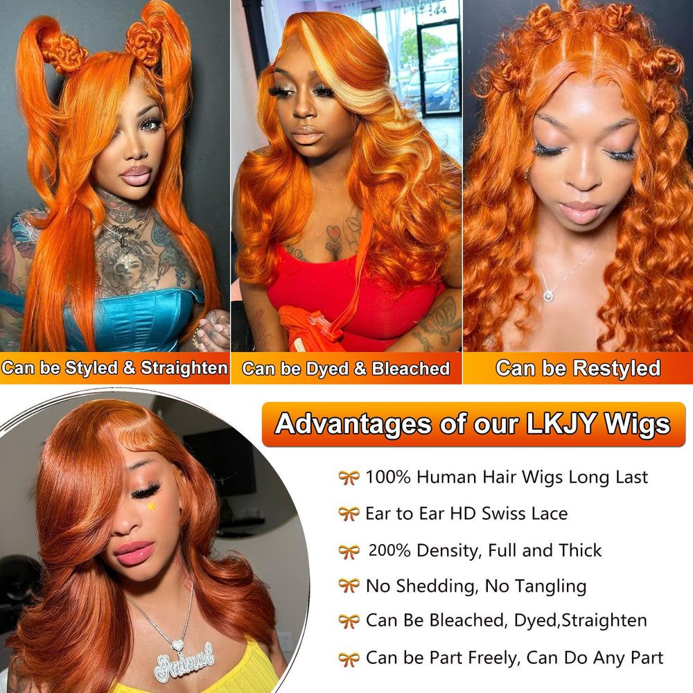 LKJY Ginger Orange Wig lace-detail close-up on HD transparent lace front.