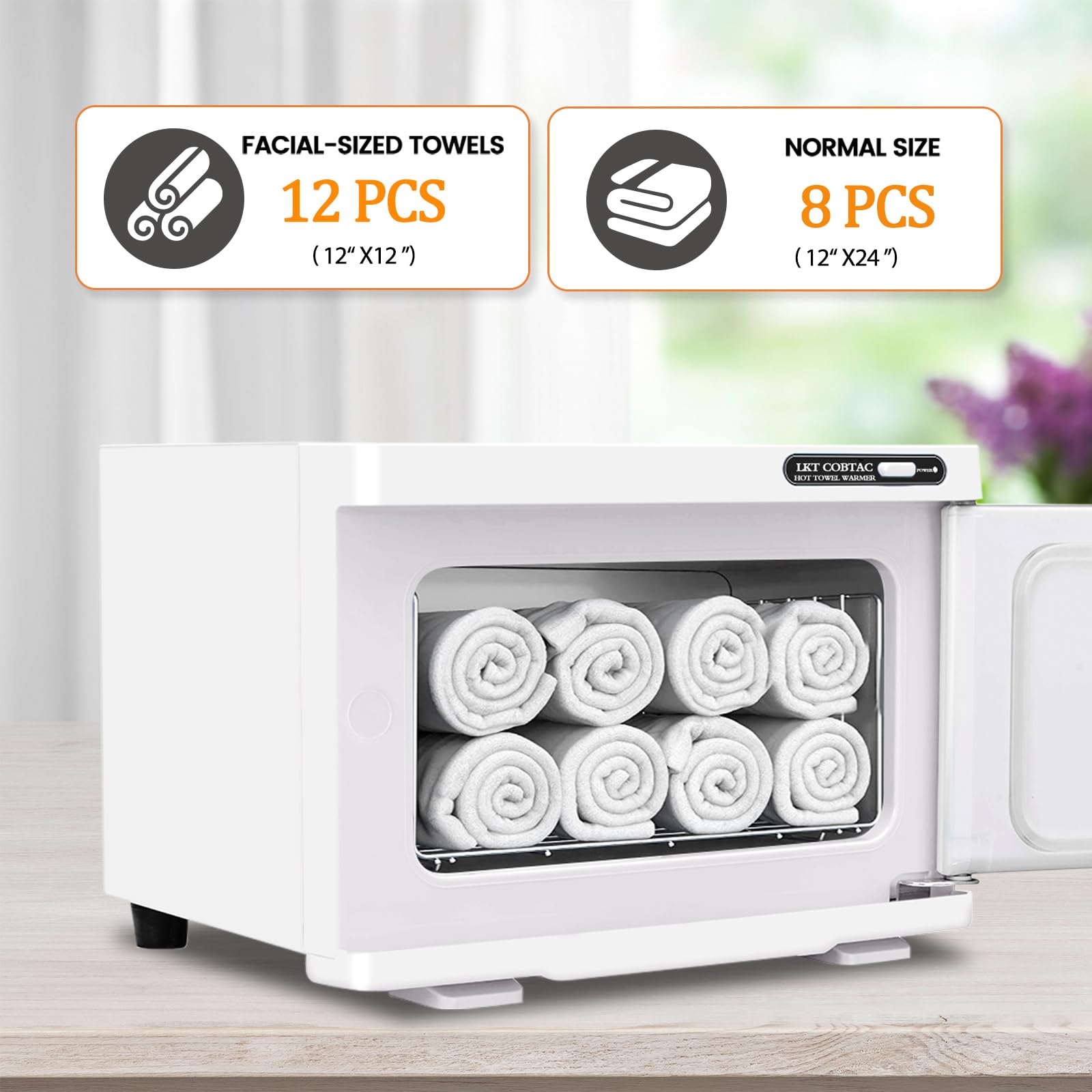 LKT COBTAC warmer loaded with large towels for quick spa session prep.