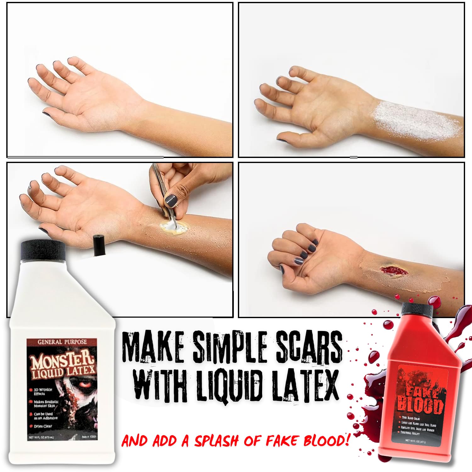 LLF Monster Liquid Latex application close-up demonstrates fast-drying clear layer for FX makeup.