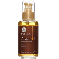 L LUSETA Argan Oil Hair Serum bottle provides nourishing shine.