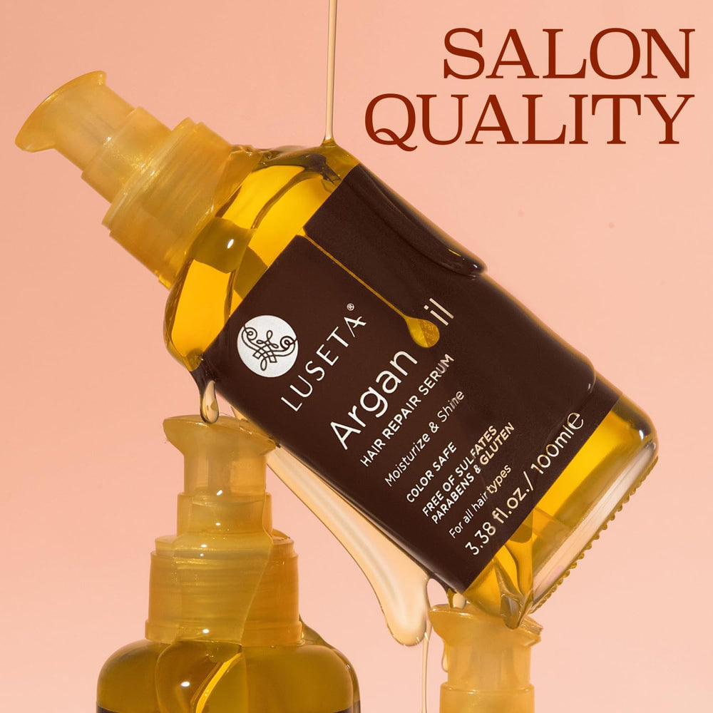 L LUSETA Argan Oil Hair Serum dropper delivers frizz control.