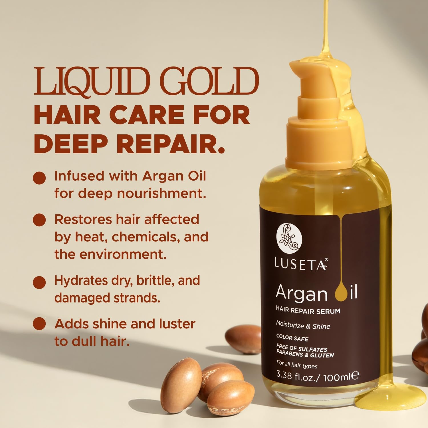 L LUSETA Argan Oil Hair Serum close-up showing silky finish.