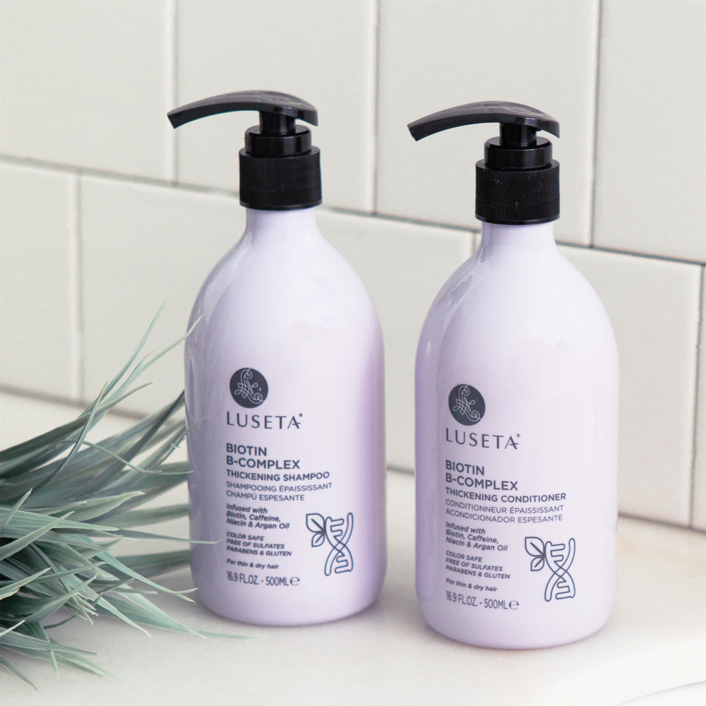 L Luseta Biotin B-Complex Thickening Conditioner application shot shows silky, healthy-looking hair.