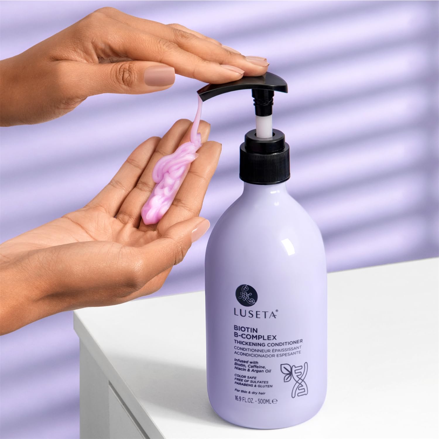 L Luseta Biotin B-Complex Thickening Conditioner on sink prompts easy daily hair care routine.