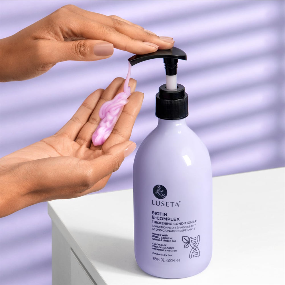 L Luseta Biotin B-Complex Thickening Conditioner on sink prompts easy daily hair care routine.