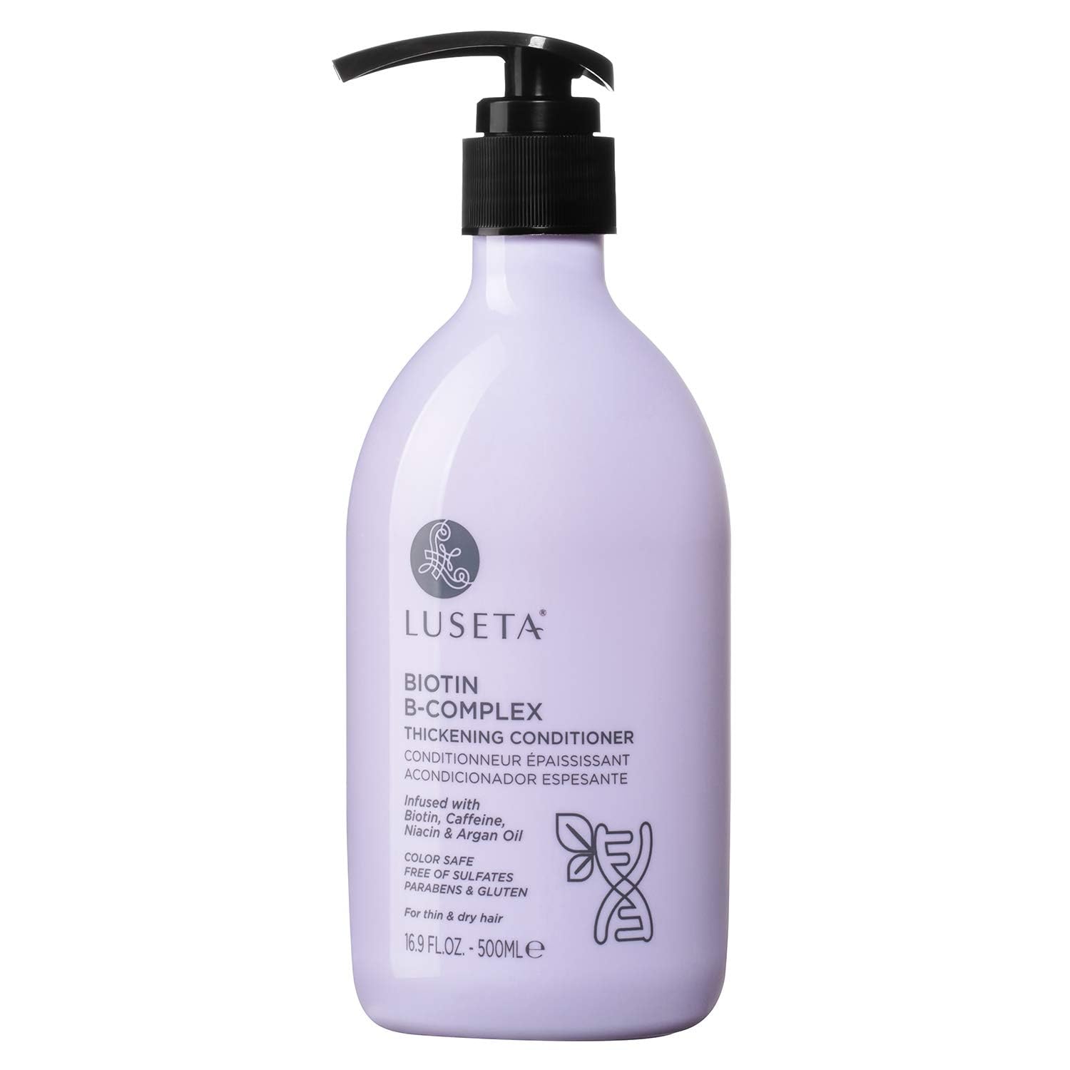 L Luseta Biotin B-Complex Thickening Conditioner pump bottle highlights easy daily nourishment.