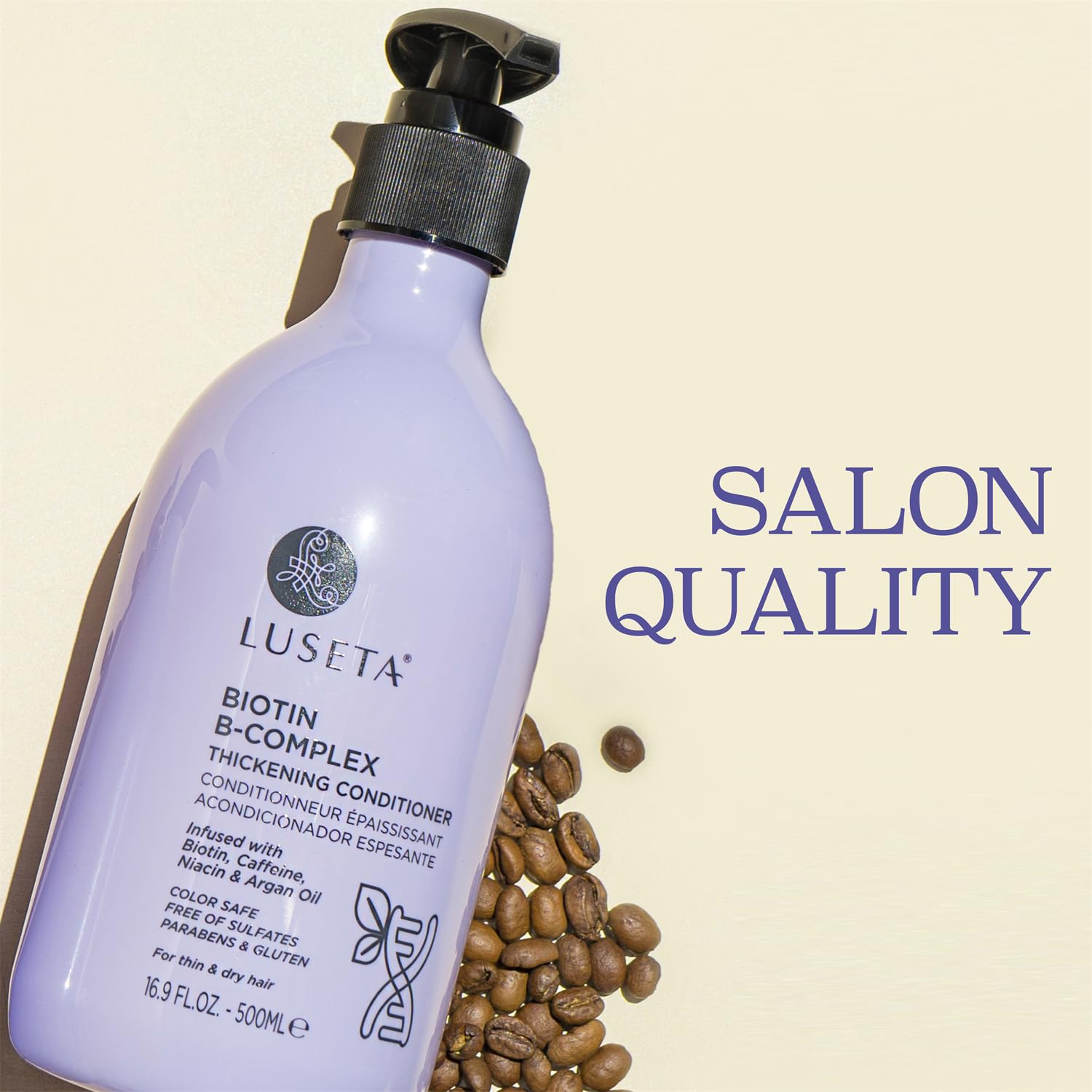 L Luseta Biotin B-Complex Thickening Conditioner retro-packaging evokes premium conditioning ritual.