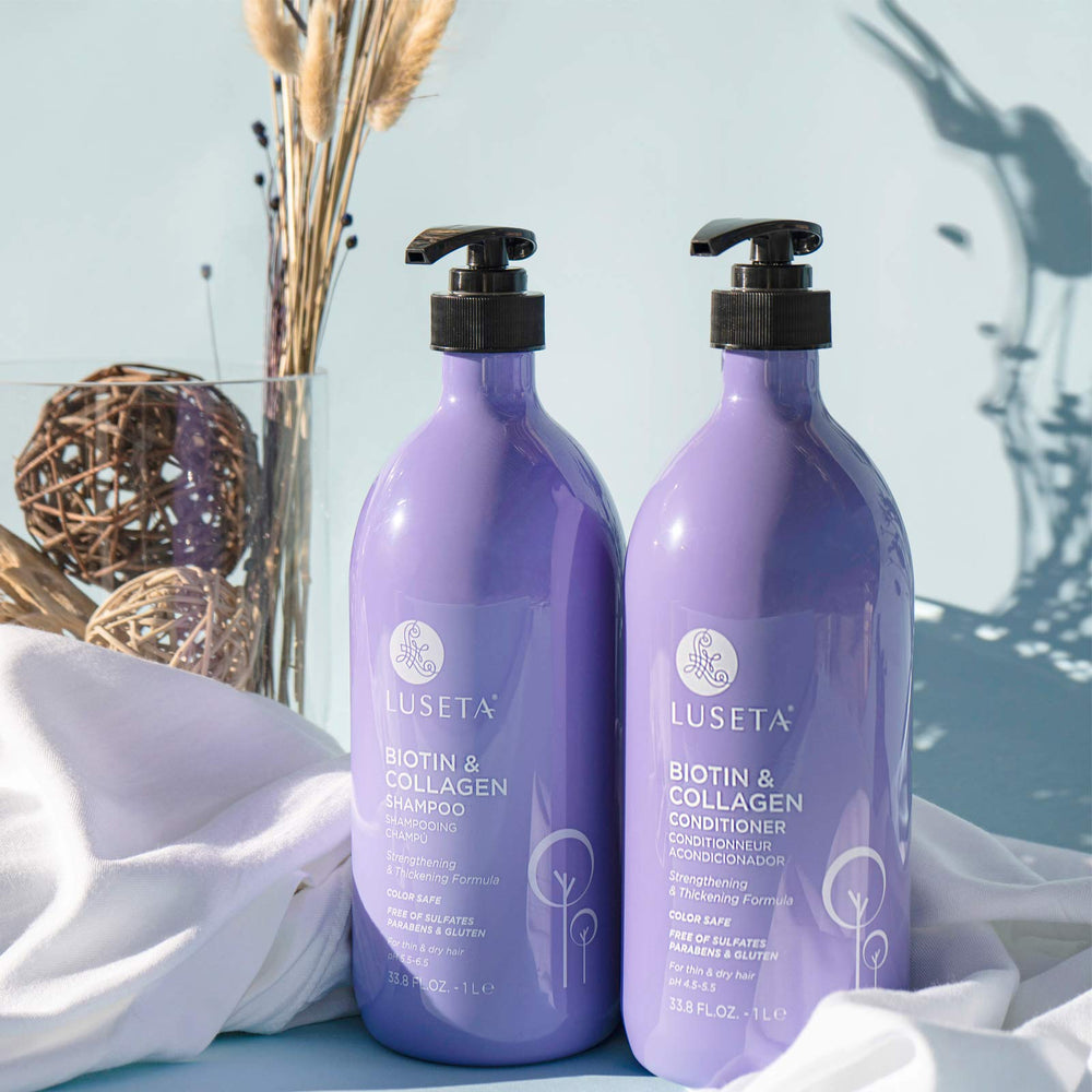 L LUSETA hair strands close-up shows strengthened, bouncier hair with biotin boost