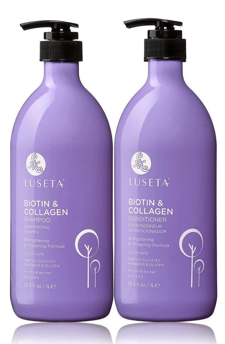 L LUSETA biotin & collagen shampoo bottle demonstrates volumizing formula for fuller hair