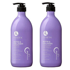 L LUSETA biotin-collagen shampoo bottle shows thickening action for fuller hair