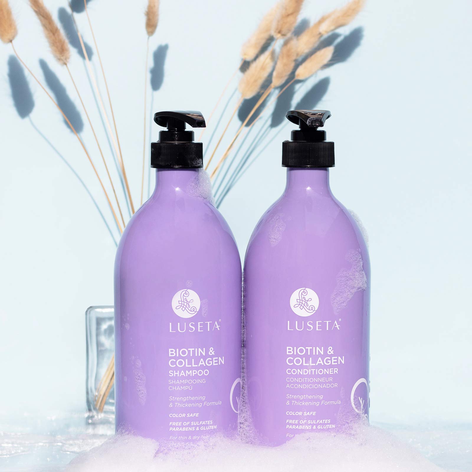 L LUSETA duo-pack display suggests convenient set for thicker-looking hair