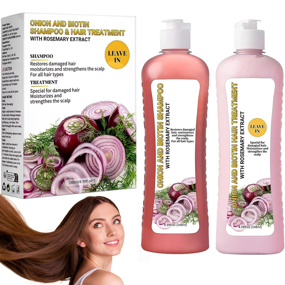 LMDGDS Onion Biotin and Rosemary Shampoo bottle shows silicone-free cleansing for daily hair refreshment.