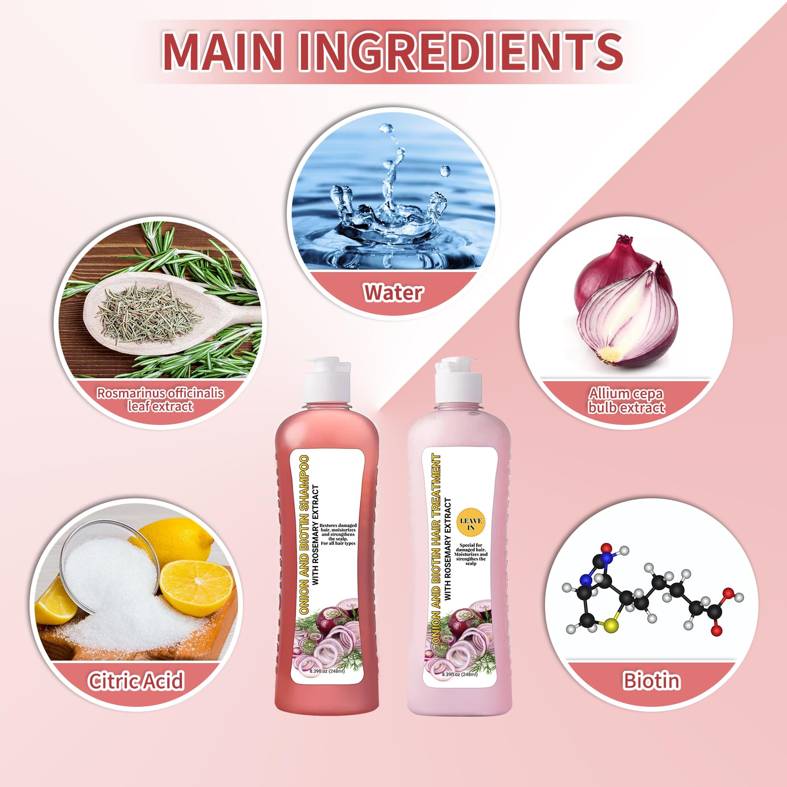 LMDGDS Onion Biotin and Rosemary Shampoo onion extract highlights natural scalp nourishment.