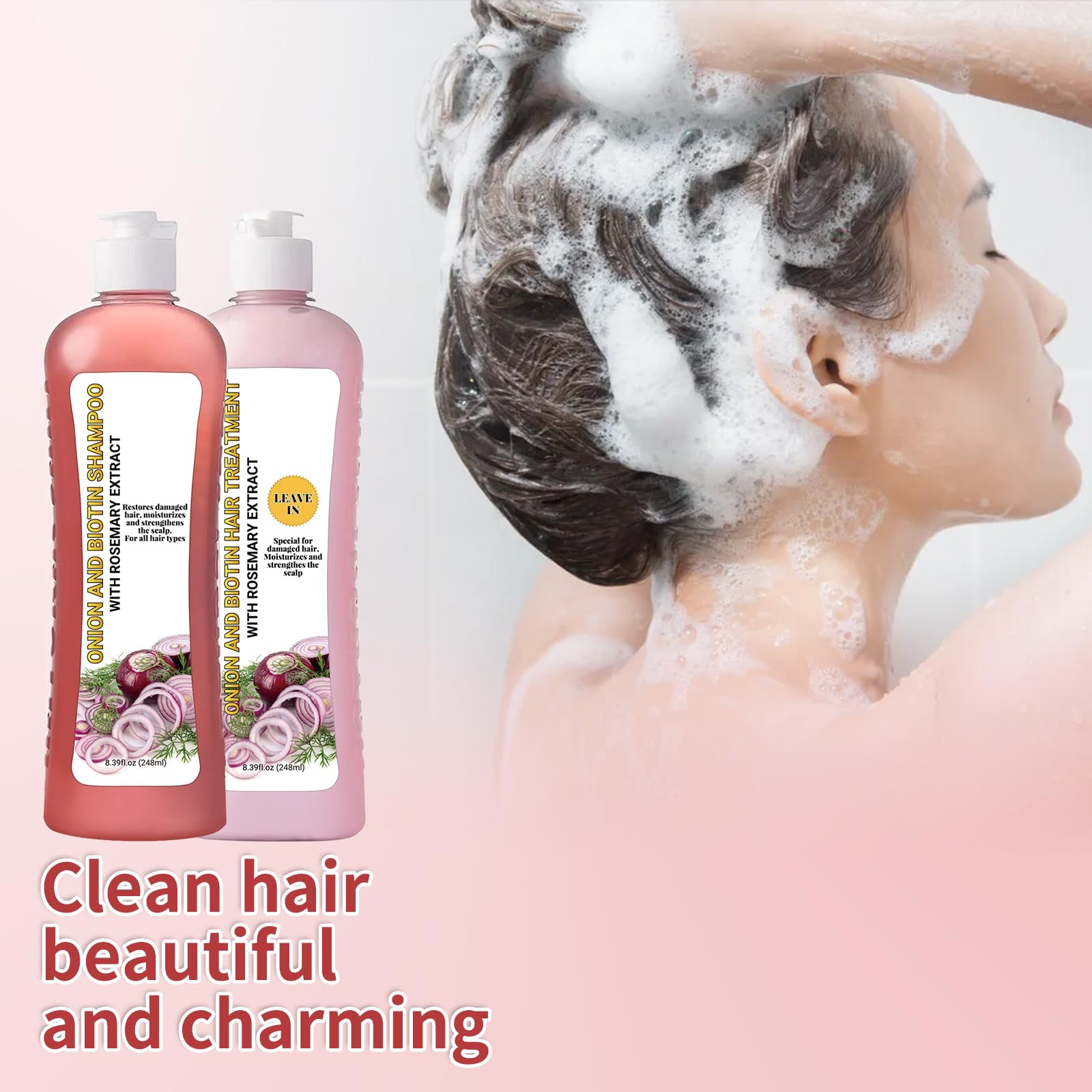 LMDGDS Onion Biotin and Rosemary Shampoo silicone-free label promotes gentle daily cleansing.