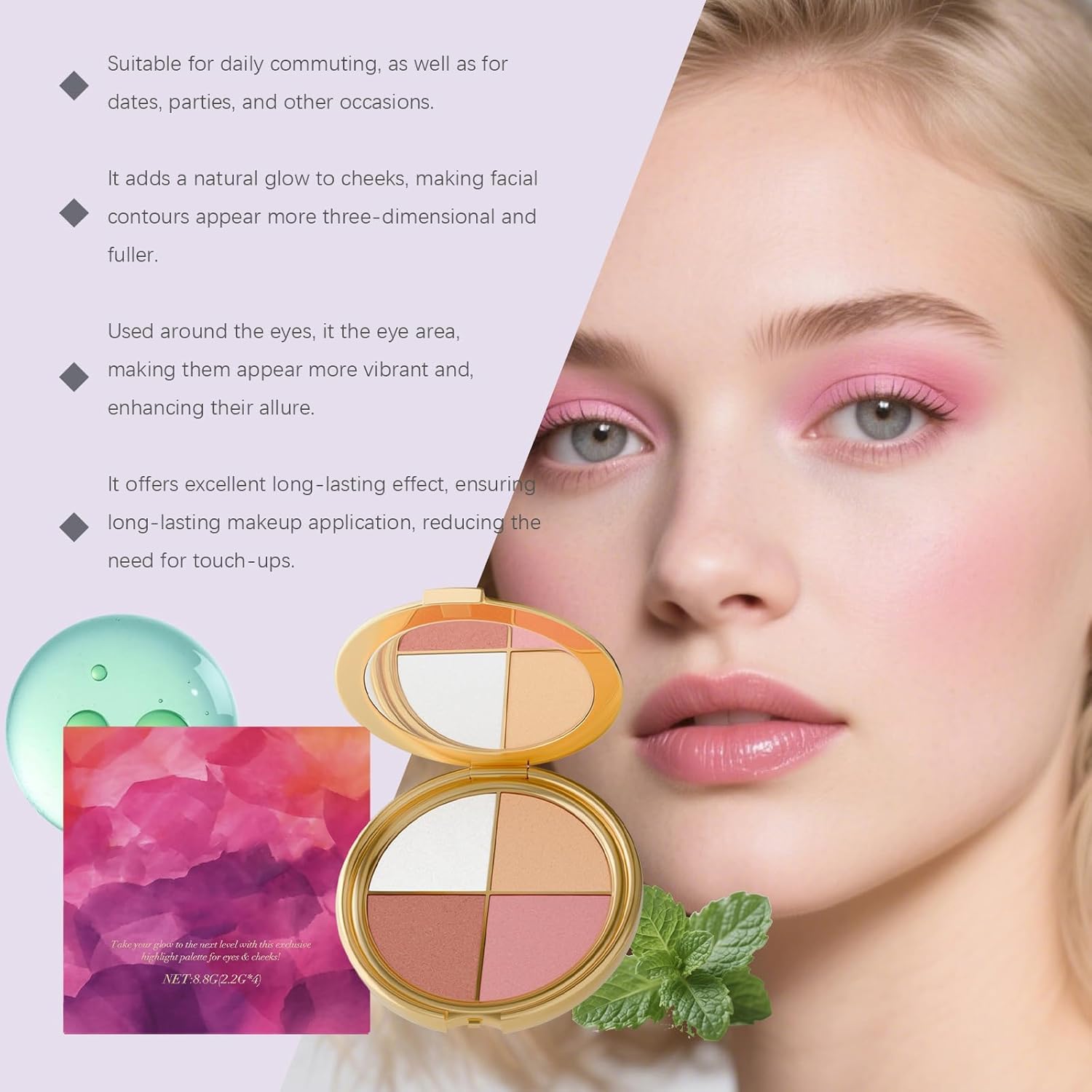 Lmoy diamond-infused mineral highlighter catches light for a natural glow.