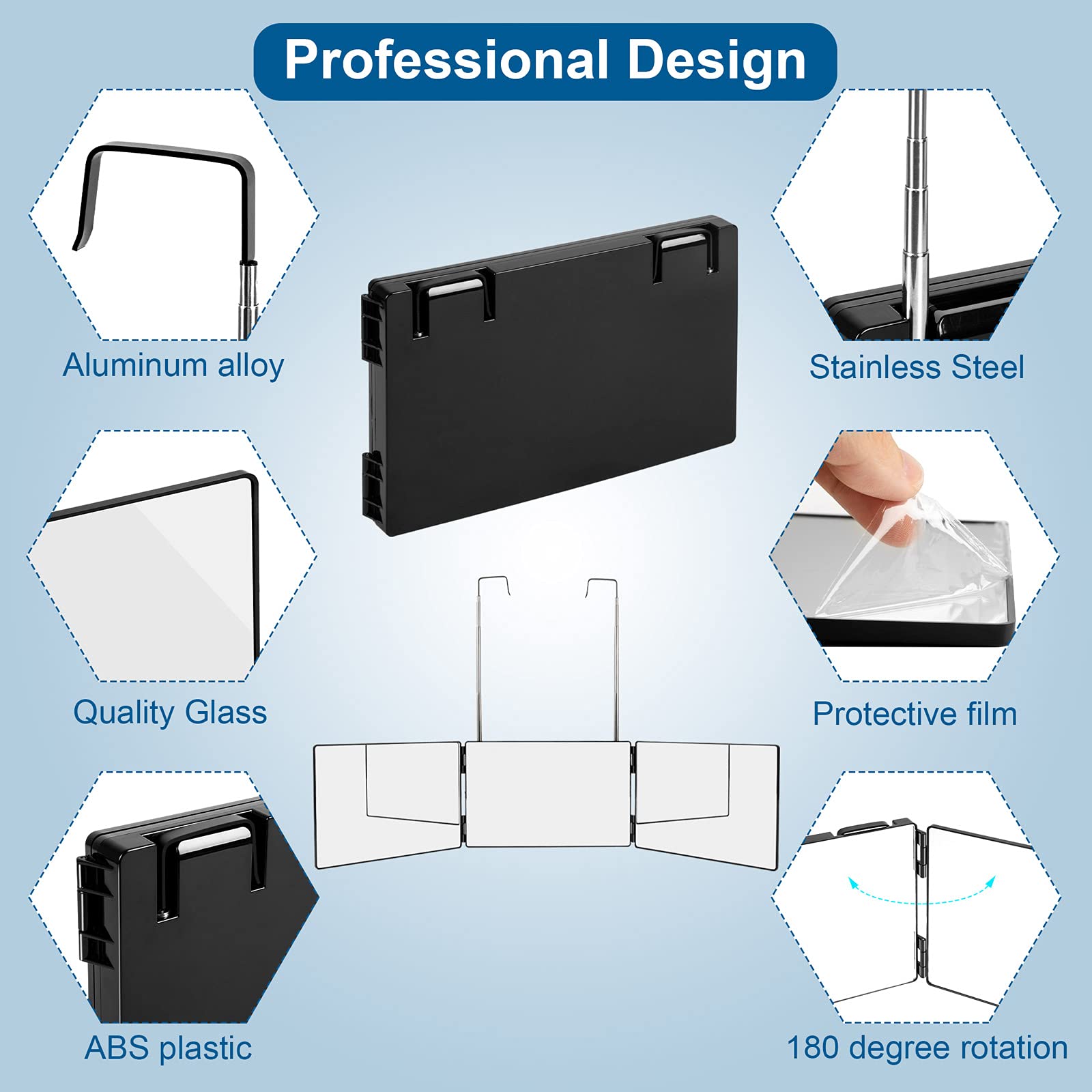 LMZNXCZ tri-fold mirror assembly showing complete reflection.