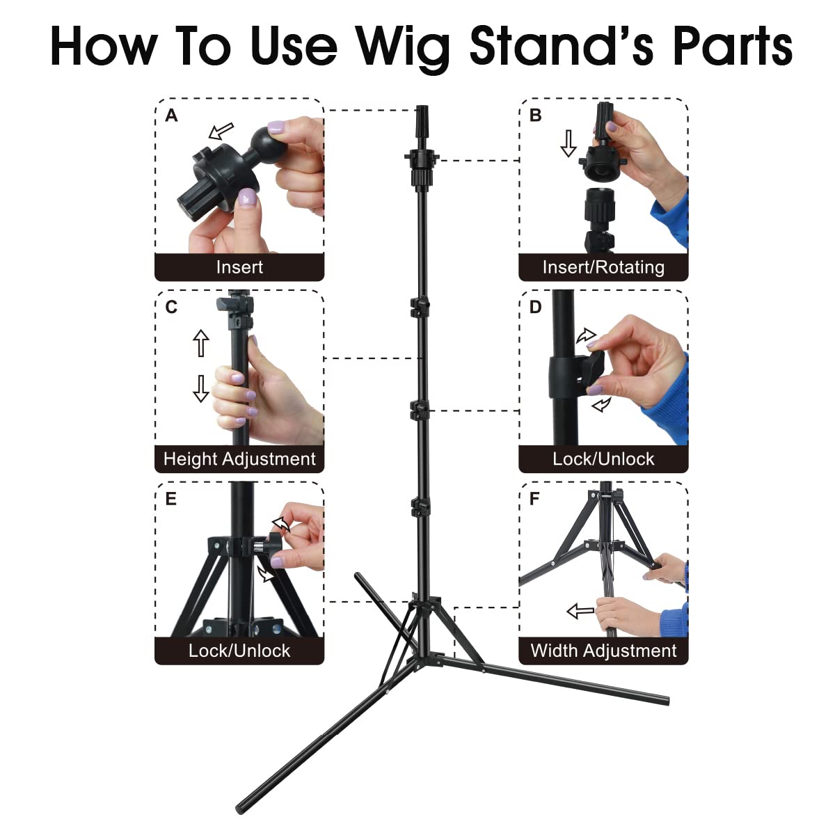 LNASI wig stand-height adjustable-knobs enables versatile heights for seated or standing work.