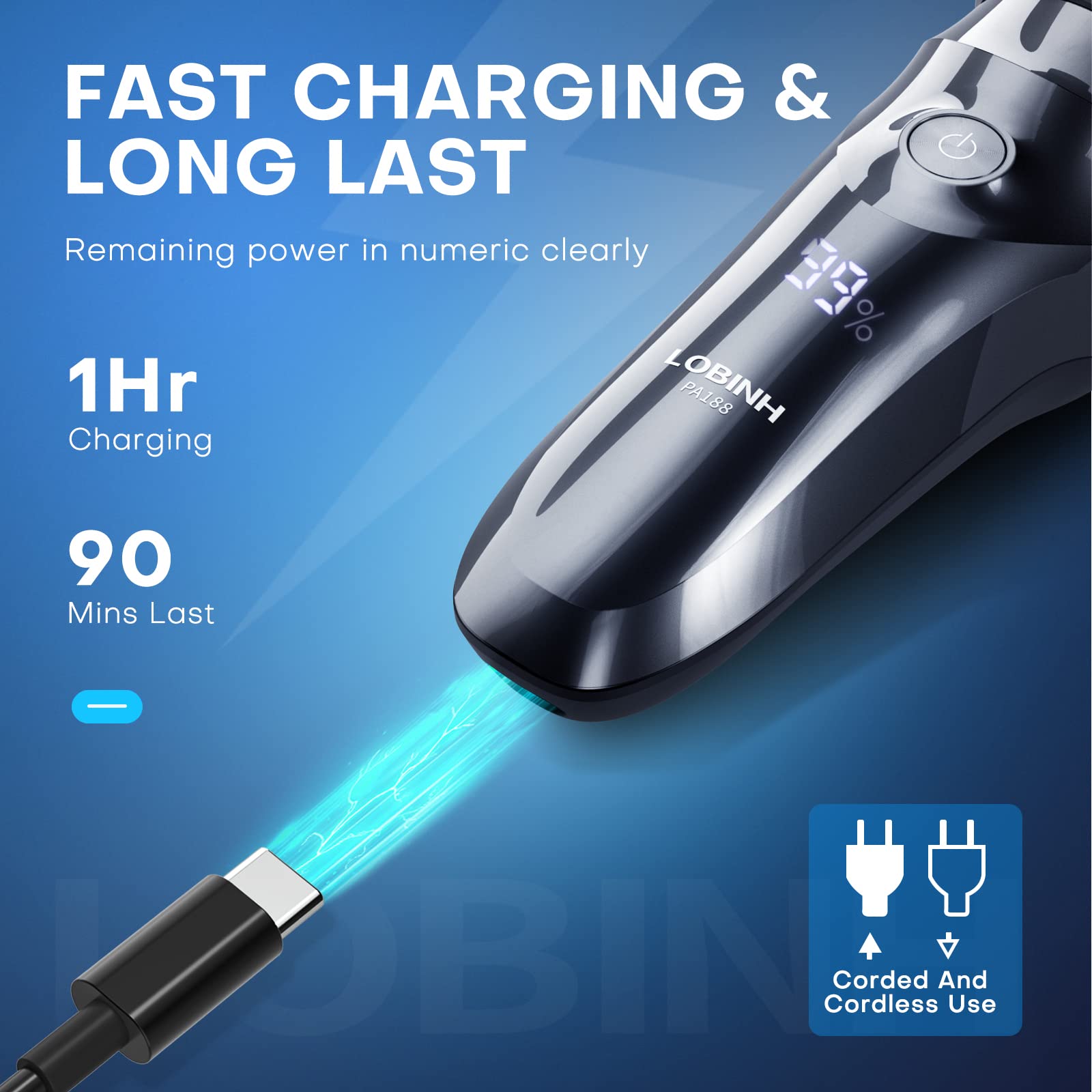 LOBINH electric razor USB-C fast charging for quick mornings